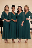 Dark Green Chiffon A-Line Ruched Choir Dress with 3/4 Sleeves