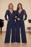 Sparkly Navy Chiffon Long Sleeves Sequins Choir Pant Suits with Pockets
