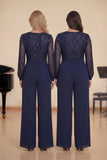 Sparkly Navy Chiffon Long Sleeves Sequins Choir Pant Suits with Pockets