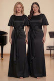 Black A-Line Satin Boat Neck Long Choir Dress with Sash