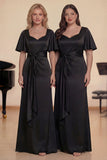 Black Satin A-Line Short Sleeves Ruched Choir Dress with Sash