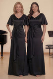 Black A-Line Ruched Satin V-Neck Long Choir Dress with Sash