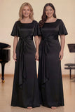 Black Square Neck Satin A-Line Long Choir Dress with Short Sleeves