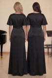 Black Square Neck Satin A-Line Long Choir Dress with Short Sleeves