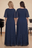 Navy Beaded A-Line Chiffon Half Sleeves Long Choir Dress with Embroidery