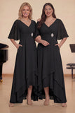 Black A-Line Half Sleeves Ruched Long Choir Dress with Pockets