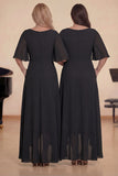 Black A-Line Half Sleeves Ruched Long Choir Dress with Pockets