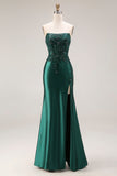 Dark Green Satin Strapless Appliqued Mermaid Long Prom Dress with Slit