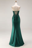 Dark Green Satin Strapless Appliqued Mermaid Long Prom Dress with Slit