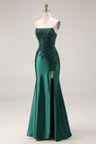 Dark Green Satin Strapless Appliqued Mermaid Long Prom Dress with Slit