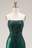 Dark Green Satin Strapless Appliqued Mermaid Long Prom Dress with Slit