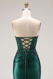 Dark Green Satin Strapless Appliqued Mermaid Long Prom Dress with Slit