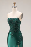 Dark Green Satin Strapless Appliqued Mermaid Long Prom Dress with Slit