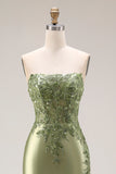 Dark Green Satin Strapless Appliqued Mermaid Long Prom Dress with Slit
