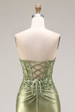 Dark Green Satin Strapless Appliqued Mermaid Long Prom Dress with Slit