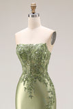 Dark Green Satin Strapless Appliqued Mermaid Long Prom Dress with Slit