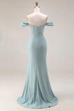 Dusty Green Mermaid Off The Shoulder Corset Long Prom Dress with Slit