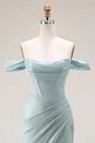 Dusty Green Mermaid Off The Shoulder Corset Long Prom Dress with Slit