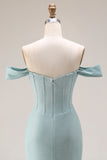 Dusty Green Mermaid Off The Shoulder Corset Long Prom Dress with Slit