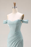 Dusty Green Mermaid Off The Shoulder Corset Long Prom Dress with Slit