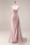 Pink Mermaid Pleated Satin Side Slit Long Prom Dress with Cape