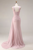 Pink Mermaid Pleated Satin Side Slit Long Prom Dress with Cape