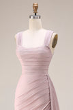 Pink Mermaid Pleated Satin Side Slit Long Prom Dress with Cape
