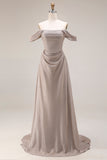 Grey Off The Shoulder Ruched Long Prom Dress with Lace Up Back