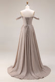 Grey Off The Shoulder Ruched Long Prom Dress with Lace Up Back