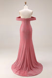 Glitter Mermaid Off The Shoulder Ruched Long Prom Dress with Slit
