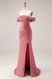 Glitter Mermaid Off The Shoulder Ruched Long Prom Dress with Slit