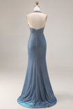 Dusty Blue Halter Mermaid Ruched Long Prom Dress with Slit