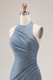 Dusty Blue Halter Mermaid Ruched Long Prom Dress with Slit
