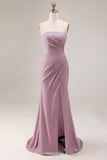 Dusty Plum Strapless Mermaid Ruched Long Prom Dress with Slit