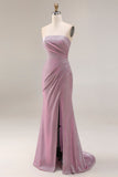 Dusty Plum Strapless Mermaid Ruched Long Prom Dress with Slit