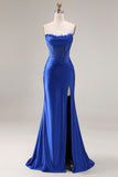 Royal Blue Satin Strapless Corset Mermaid Long Prom Dress with Slit
