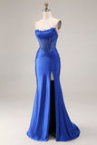 Royal Blue Satin Strapless Corset Mermaid Long Prom Dress with Slit