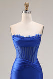 Royal Blue Satin Strapless Corset Mermaid Long Prom Dress with Slit