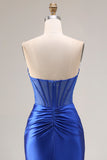 Royal Blue Satin Strapless Corset Mermaid Long Prom Dress with Slit