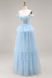 Princess Sky Blue Off The Shoulder Ruffled Long Tulle Prom Dress with Embroidery