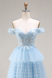 Princess Sky Blue Off The Shoulder Ruffled Long Tulle Prom Dress with Embroidery