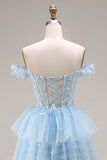 Princess Sky Blue Off The Shoulder Ruffled Long Tulle Prom Dress with Embroidery
