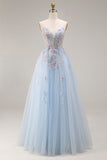 Sweetheart A-Line Sky Blue Corset Sequin Long Prom Dress with Beading