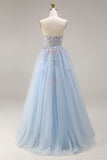 Sweetheart A-Line Sky Blue Corset Sequin Long Prom Dress with Beading