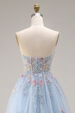 Sweetheart A-Line Sky Blue Corset Sequin Long Prom Dress with Beading