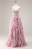 Dusty Pink A-Line Tulle Spaghetti Straps Long Prom Dress with Ruffles