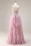 Dusty Pink A-Line Tulle Spaghetti Straps Long Prom Dress with Ruffles