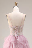 Dusty Pink A-Line Tulle Spaghetti Straps Long Prom Dress with Ruffles