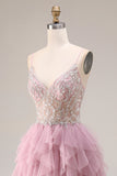 Dusty Pink A-Line Tulle Spaghetti Straps Long Prom Dress with Ruffles