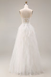 White Ruffled Tulle A-Line Spaghetti Straps Corset Long Wedding Dress